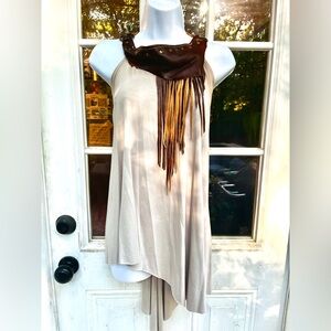 Asymmetrical Beige Top with Leather Neckpiece and Fringe
